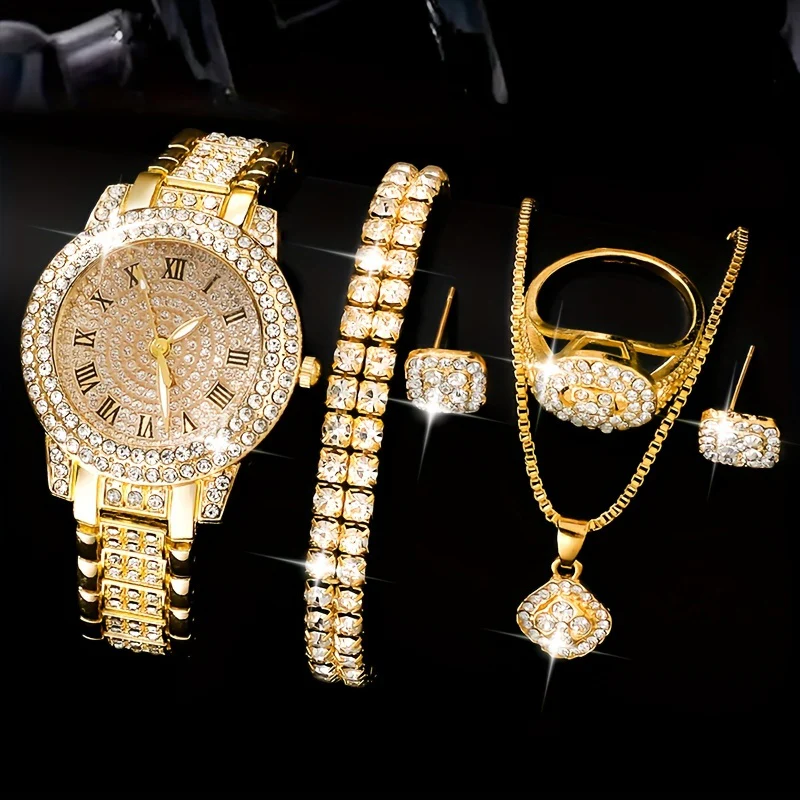 7pcs/set Women's Watch Luxury Rhinestone Quartz Watch Hiphop Fashion Analog Wrist Watch & Jewelry Set, Gift For Mom Her - Deanwangkt