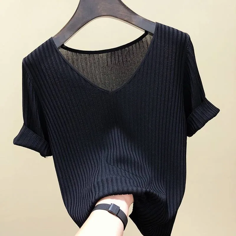 Blouse Women Blusas Mujer De Moda Verano Short Sleeve White V-Neck Knitted Shirt Tops Blusa E403 210426 - Deanwangkt