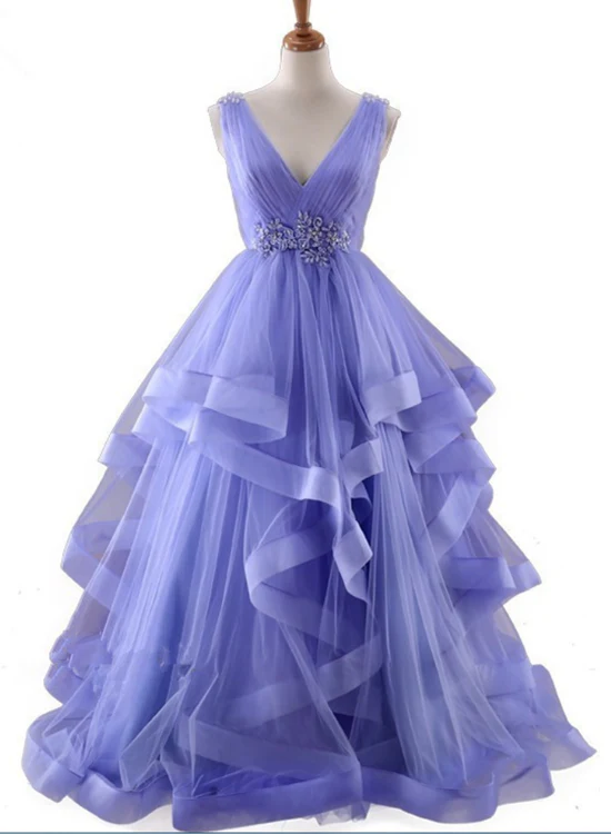 Solvbao Lavender Tulle V-neckline Layers Long Sweet 16 Dress, Light Purple Prom Dress Party Dress - Deanwangkt