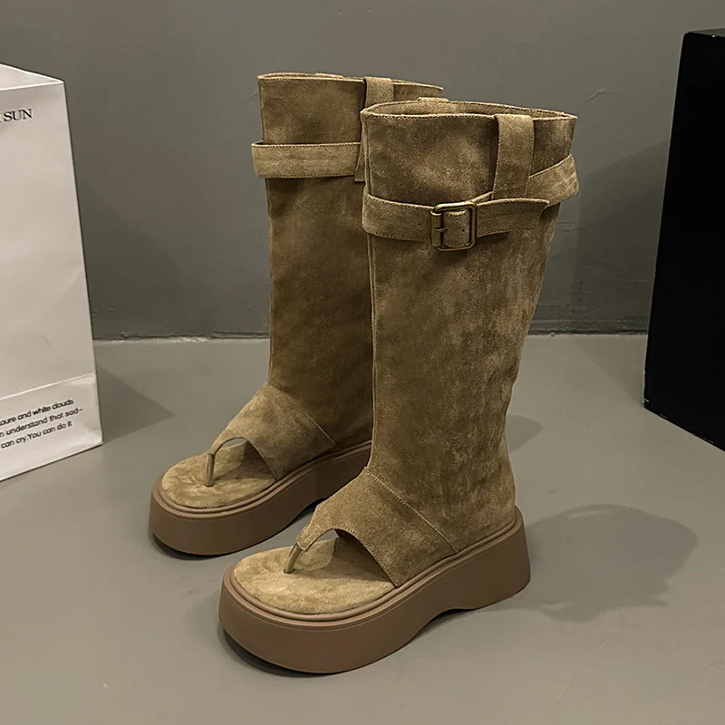 High Pants Boots Knight Boots Fashion Brand Retro below the Knee Long Boots Spring and Summer Thick Bottom Female Boots Western Open Toe Boots - Deanwangkt