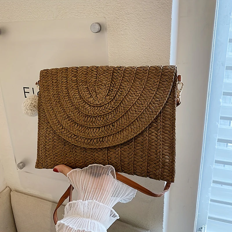 Classic Minimalist Paper Straw Clutch Bag with Removable Strap and Wristlet - Magnetic Closure, Polyester Lined, Solid Color, Portable Storage, Perfect for Holidays - Deanwangkt