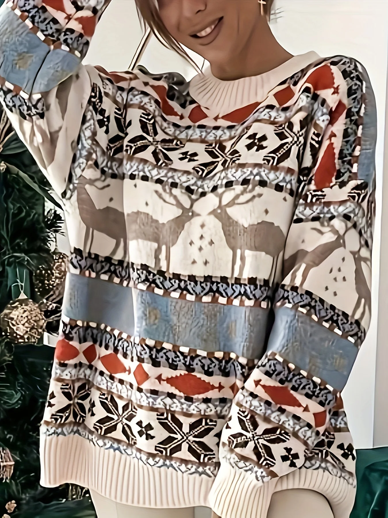 Women's Plus Size Christmas Sweater, Round Neck, Long Sleeve, Casual Knit Top, Polyester, Elegant Style, Festive Holiday Pattern, Stretch Fabric, Cozy Winter Wear - Deanwangkt