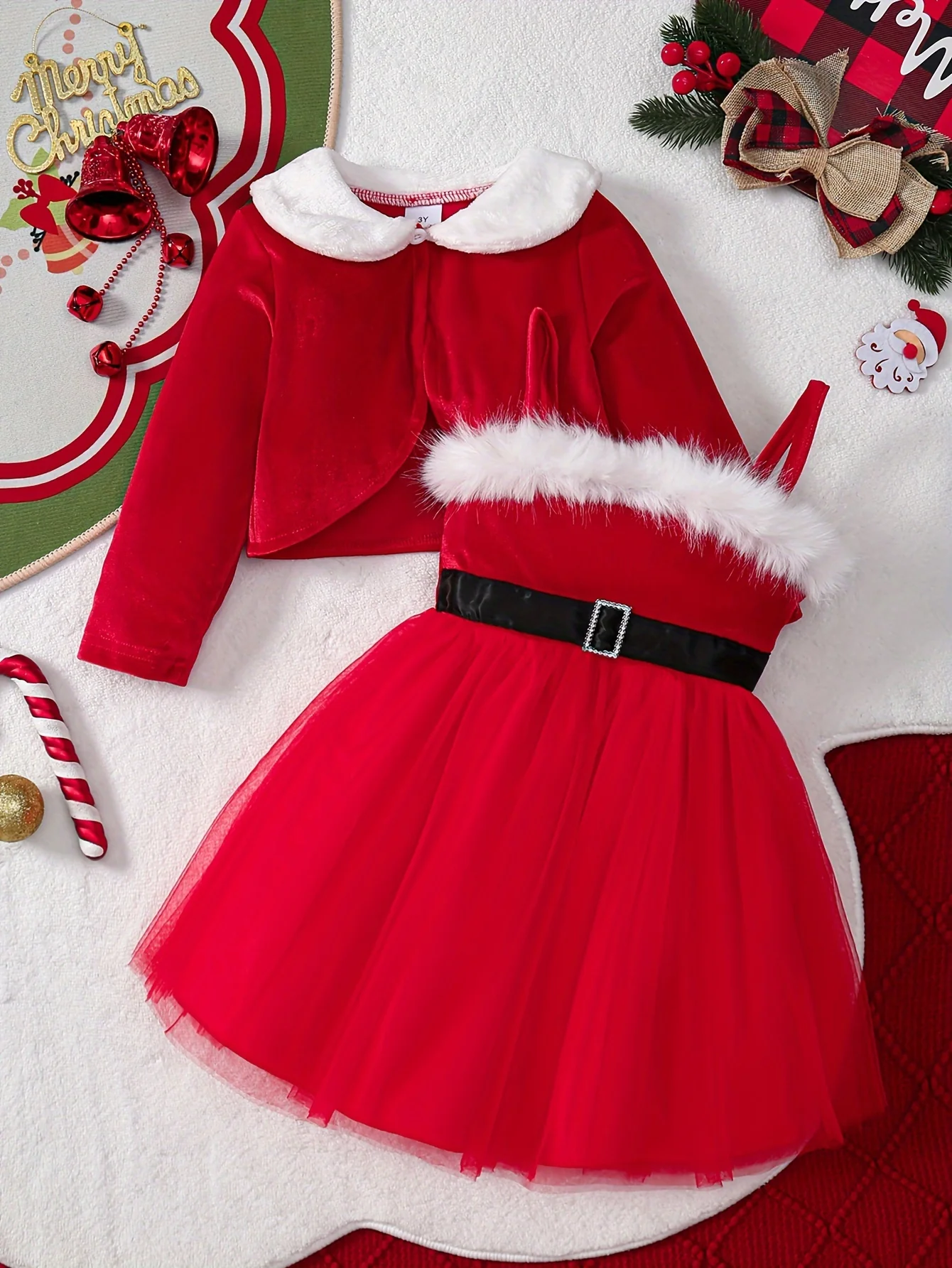 Girls' 2-Piece Elegant Christmas Velvet Jacket and Tulle Dress Set with Faux Fur Collar and Belt Detail, Polyester Knit Fabric with Medium Stretch, Spaghetti Strap Dress for Over 3 Years - Solid Color Fall/Winter Ensemble, For Outdoor - Deanwangkt