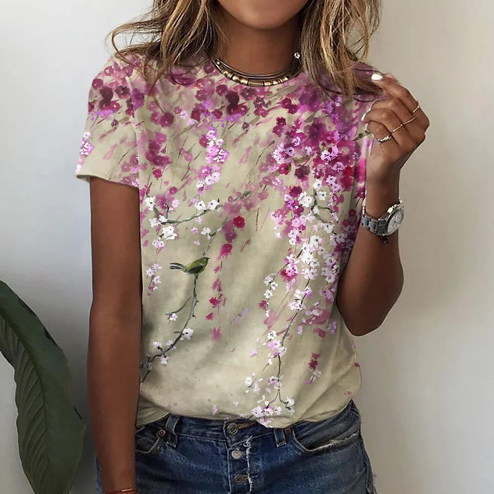 DEANWANGKT  European and American Women's Clothing Summer New Foreign Trade 3D Plant Flower Digital Printed round Neck Short Sleeve Women's T-shirt ME15 - Deanwangkt