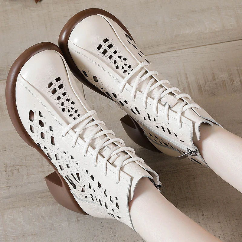 First Layer Cowhide Spring Summer Chunky Heel Martin Boots Women's Retro High Heel Hollow Boots Thick-Soled Leather Sandal Boots Hole Shoes - Deanwangkt