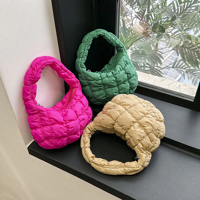 DEANWANGKT 2025 Korean version of fashion bubble grid handbag  new personalized embroidery thread mini cotton clothing bag personalized pleated cloud bag - Deanwangkt