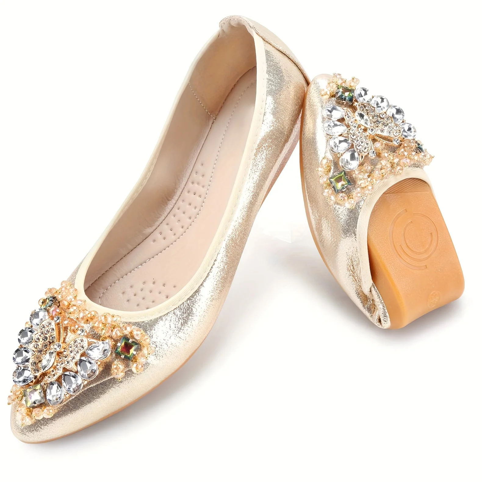 KUNWFNIX Sparkling Pointed-Toe Ballet Flats - Rhinestone Embellished, Foldable Soft TPR Sole, Microfiber Artificial Leather Upper, Sequin Decorated, Slip-On Design for Comfortable Walking - Perfect for Summer and All-Season Wear - Deanwangkt