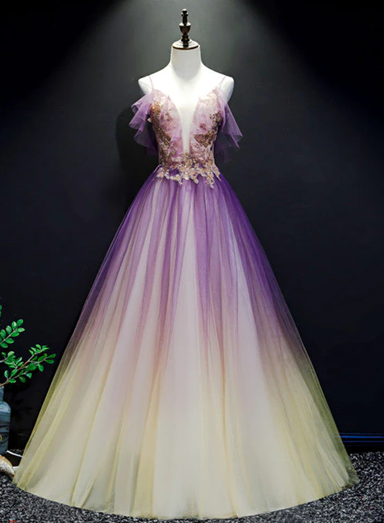 Solvbao Purple and Yellow Gradient V-neckline Straps Tulle Evening Gown, Long Prom Dress Party Dress - Deanwangkt