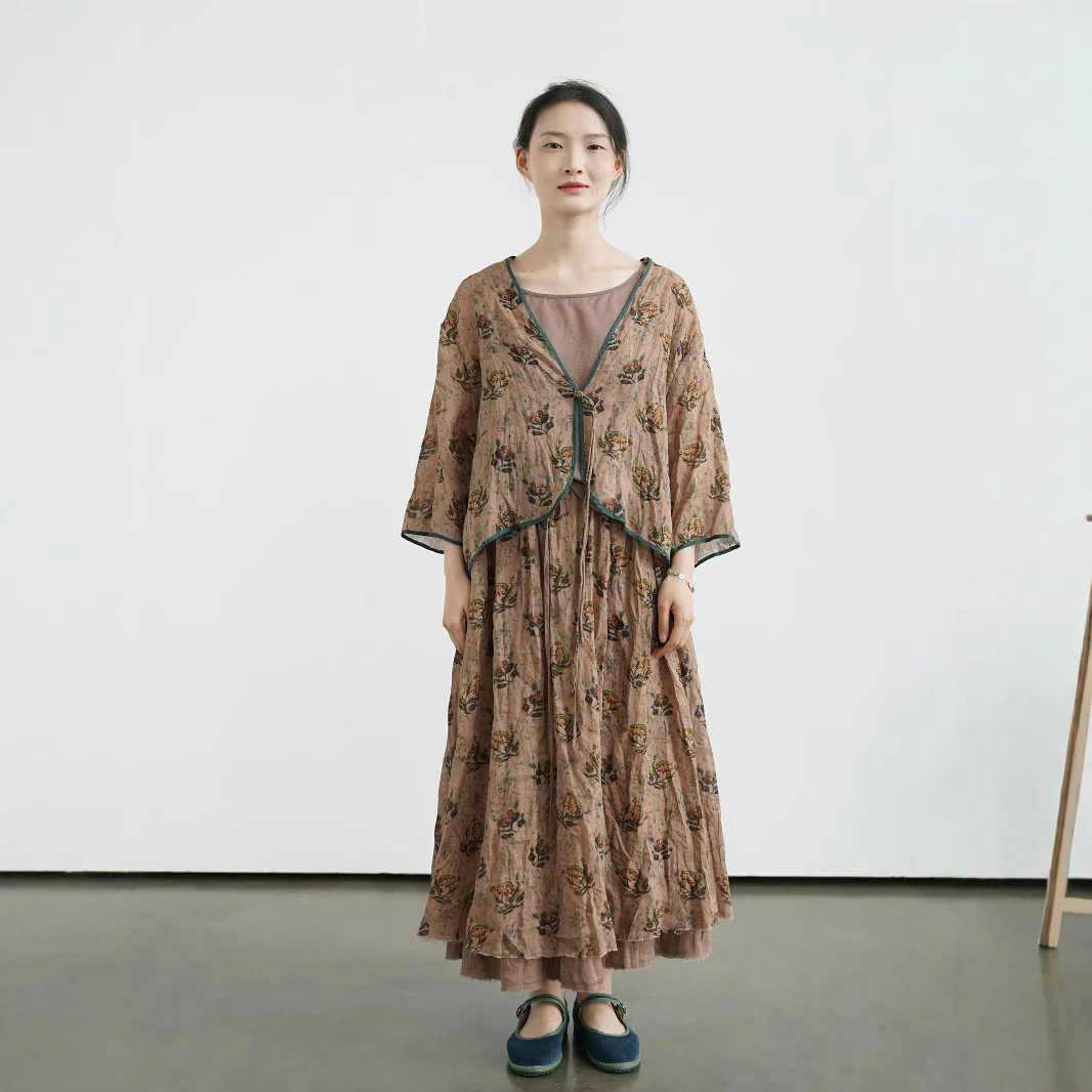 Original design national style ramie jacquard cardigan retro Han elements geometric contrasting colors to lift sunshade small coat S25154 - Deanwangkt