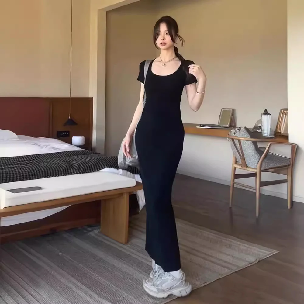 Pure Desire Style Backless Short Sleeve Dress Women's Summer 2025 New Waist-Controlled Slim Fit Slimming Design Hot Girl Dress - Deanwangkt