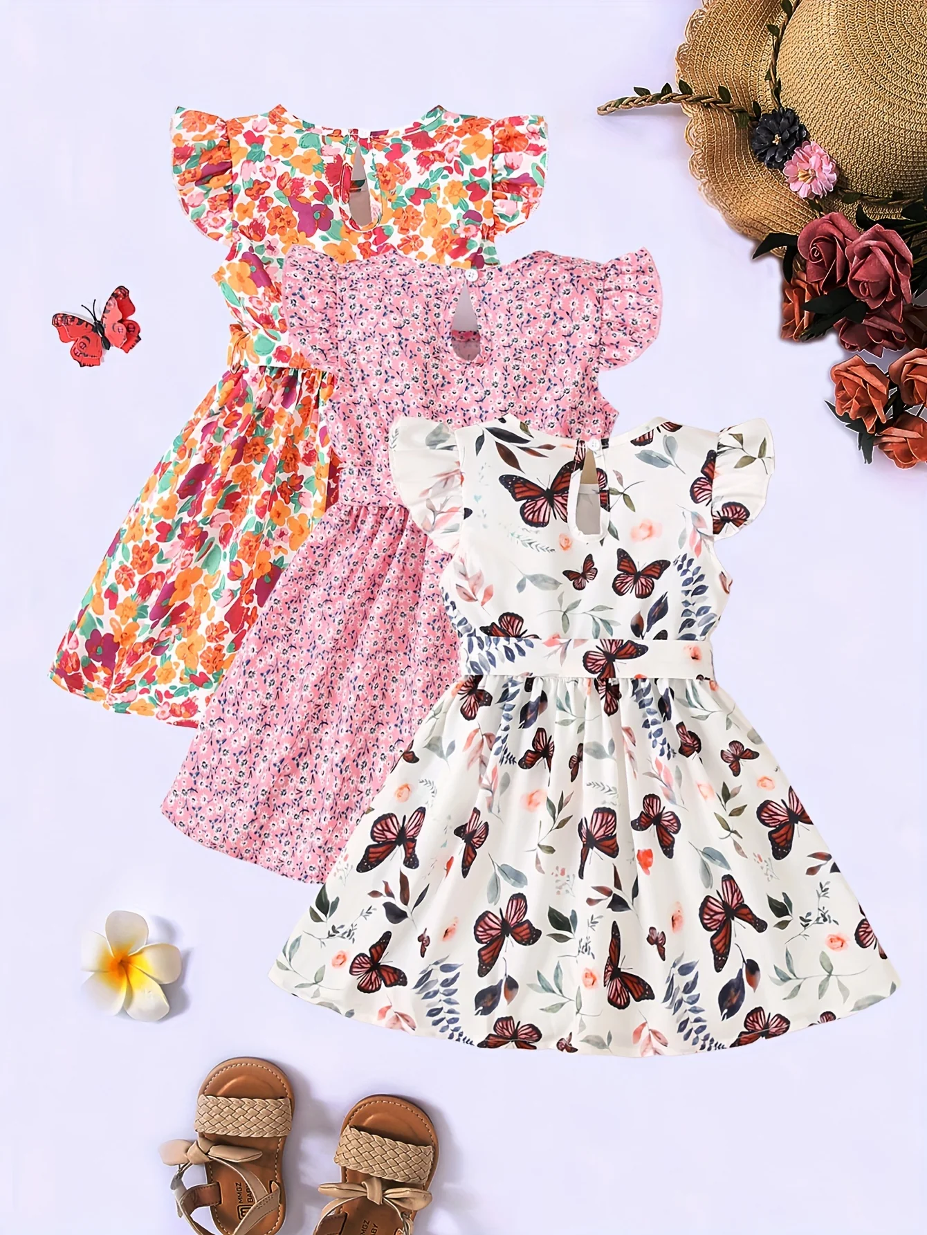 3pcs Little Princess Butterfly Floral Ruffle Trim Dresses - Adorable Belted Casual Summer Dresses for Girls - Polyester Non-Stretch Fabric, A-Line Fit, Perfect for Holiday Gift Party - Deanwangkt