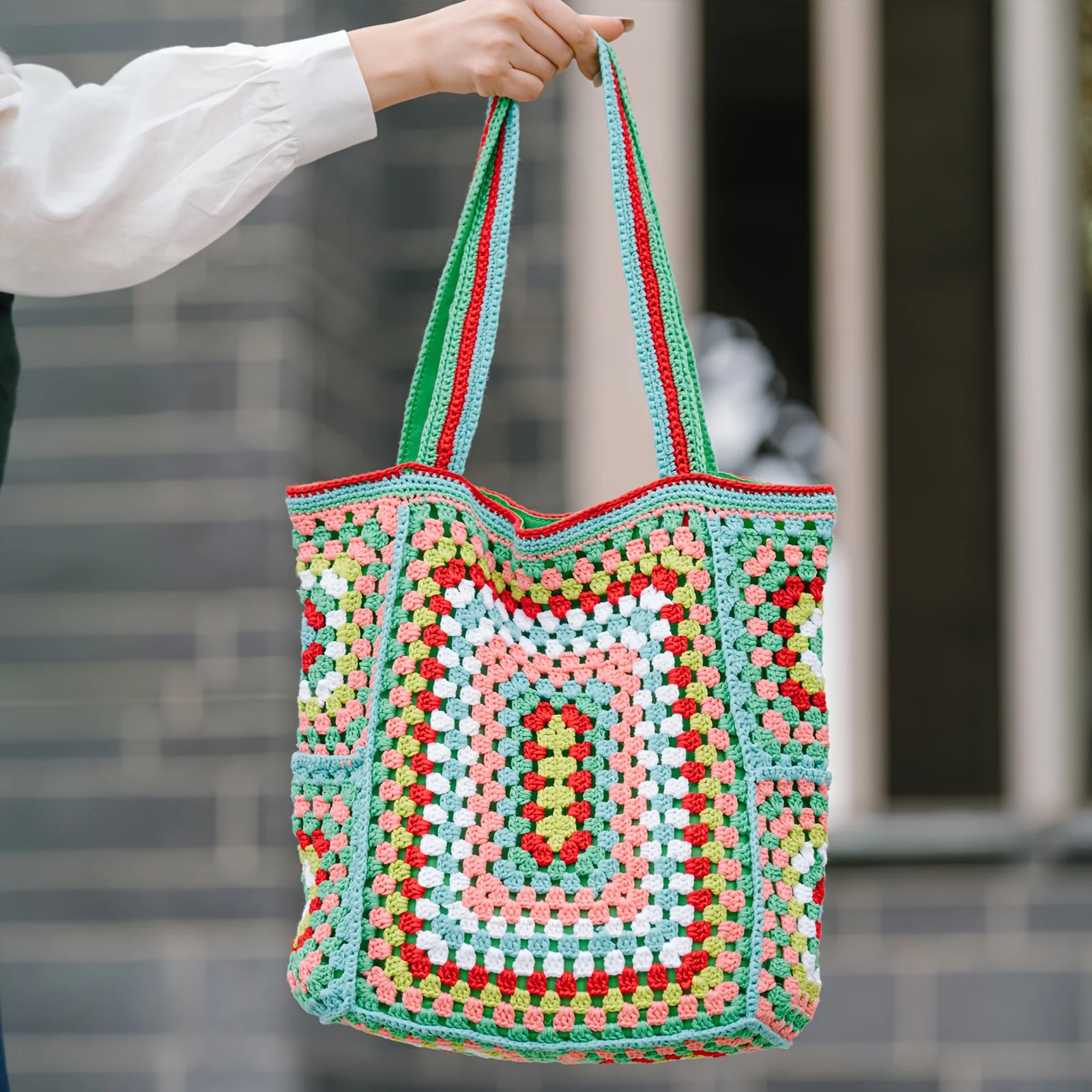 Vibrant Bohemian Chic Crochet Tote Bag - Handcrafted, Fashion-Forward Ethnic Style - Perfect for Womens Travel Adventures, Versatile & Lightweight - Deanwangkt