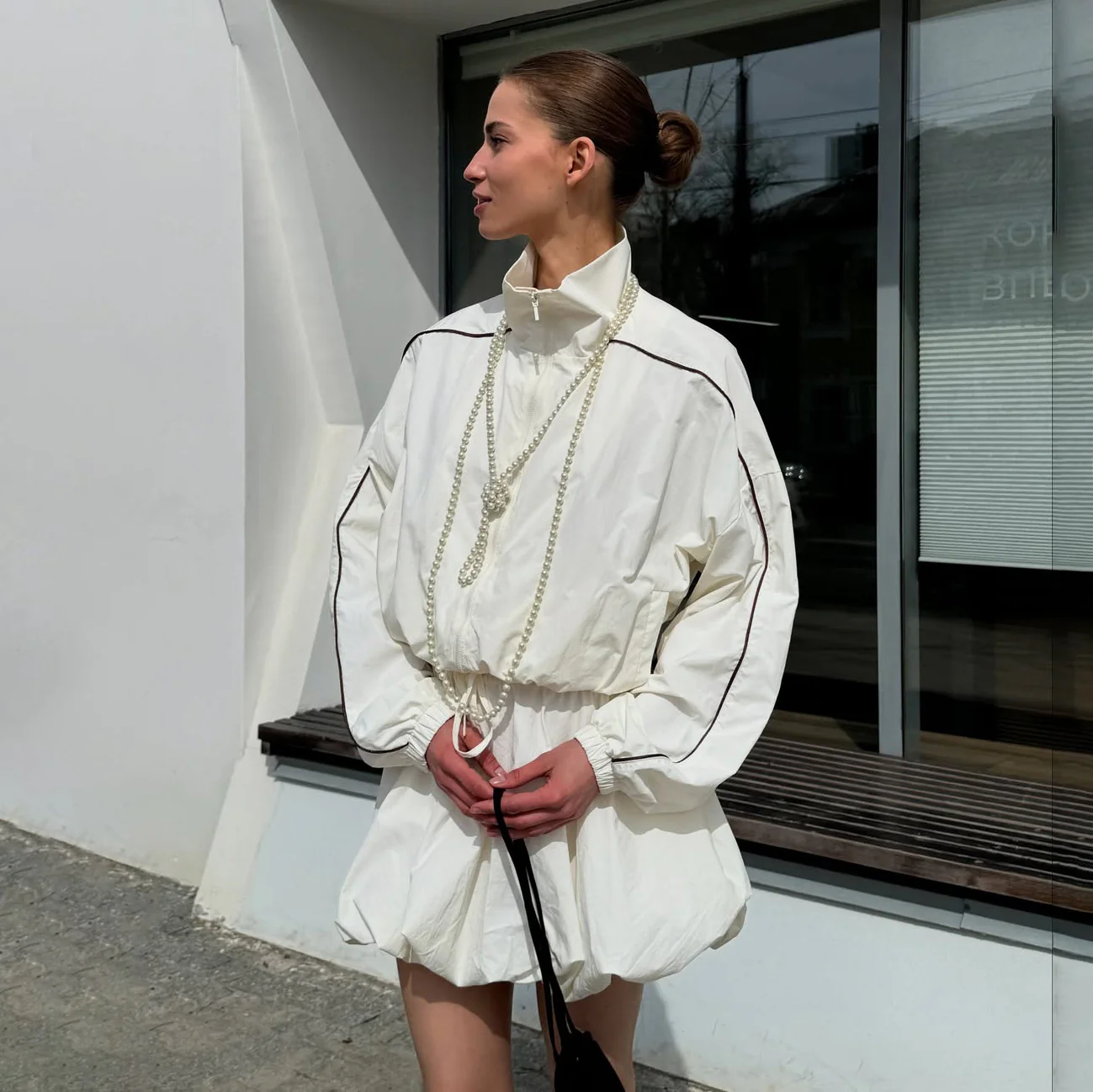 n quick-drying sports suit turtleneck long-sleeved contrasting coat drawstring bud short skirt two-piece set female tide brand high street - Deanwangkt