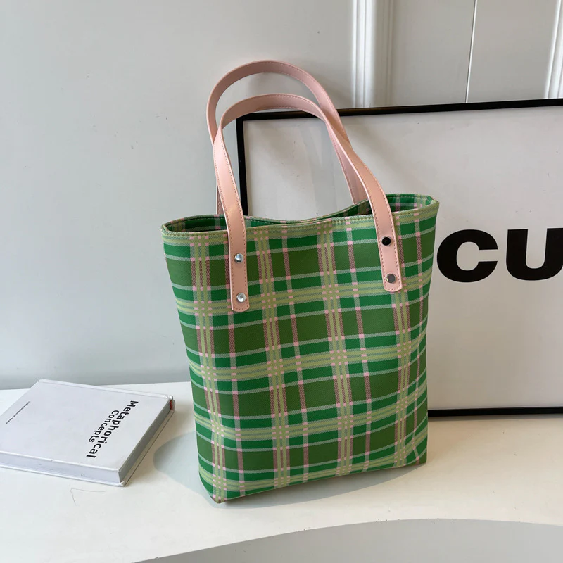 DEANWANGKT 2025 Korean version of fashion plaid tote bag popular new large-capacity casual shoulder bag Popular trade retro Popular style shopping bag - Deanwangkt