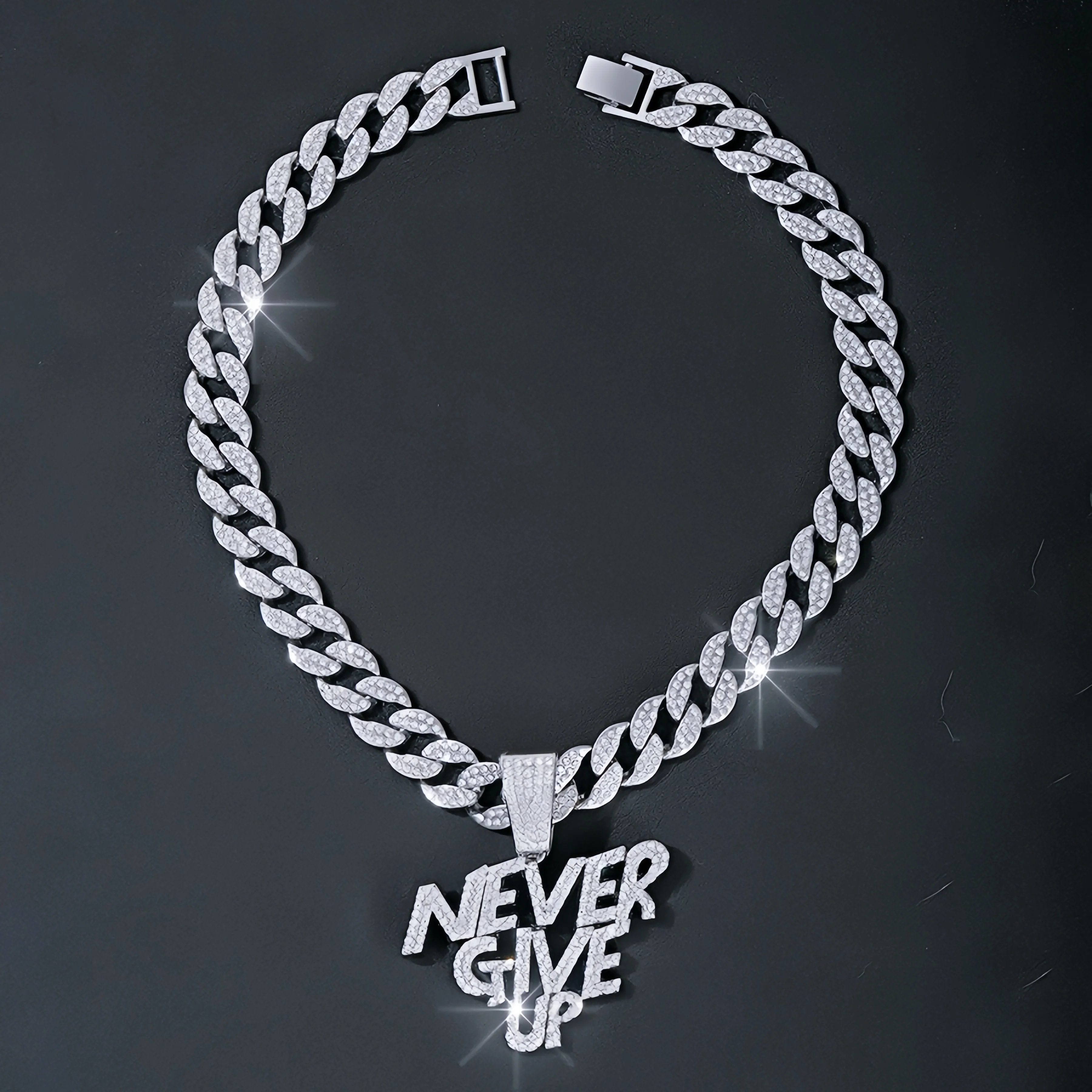 Never give up pendant hip hop Cuban chain necklace, chain length 18in wide 0.59in, gift box - Deanwangkt
