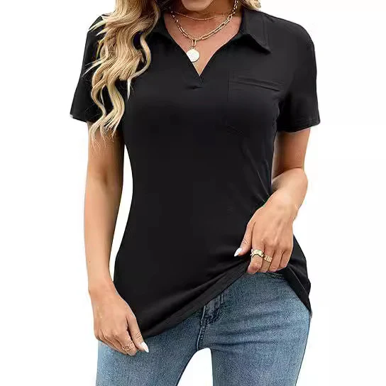 DEANWAQNGKT  Spring and Summer New   Cross Border Foreign Trade Solid Color Short Sleeve Lapel Pocket Loose-Fitting T-shirt Top Women - Deanwangkt