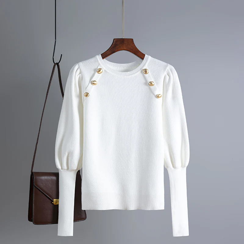 DEANWANGKT Gold button design top women's clothing  autumn and winter new solid color retro long-sleeved crew neck knitted bottoming shirt - Deanwangkt