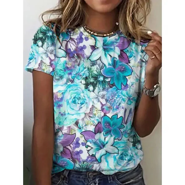 DEANWANGKT  European and American Women's Clothing Summer New Foreign Trade 3D Plant Flower Digital Printed round Neck Short Sleeve Women's T-shirt ME15 - Deanwangkt