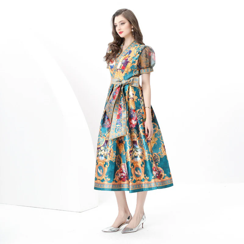 women's clothing court style V-neck strap waist mesh bubble sleeves printed big pendulum long dress - Deanwangkt