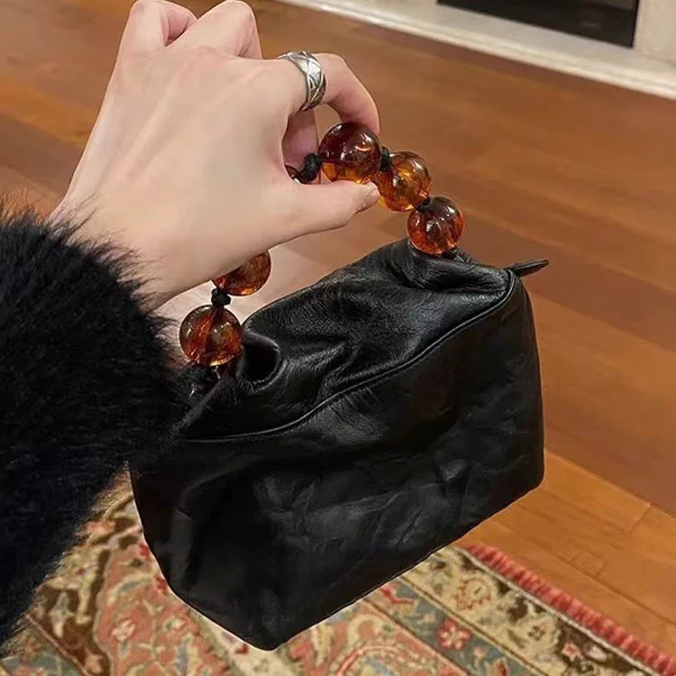 DEANWANGKT 2025 Handbag bag women's new high-end hand scratch commuter bag new Chinese black beaded shoulder messenger women's bag - Deanwangkt