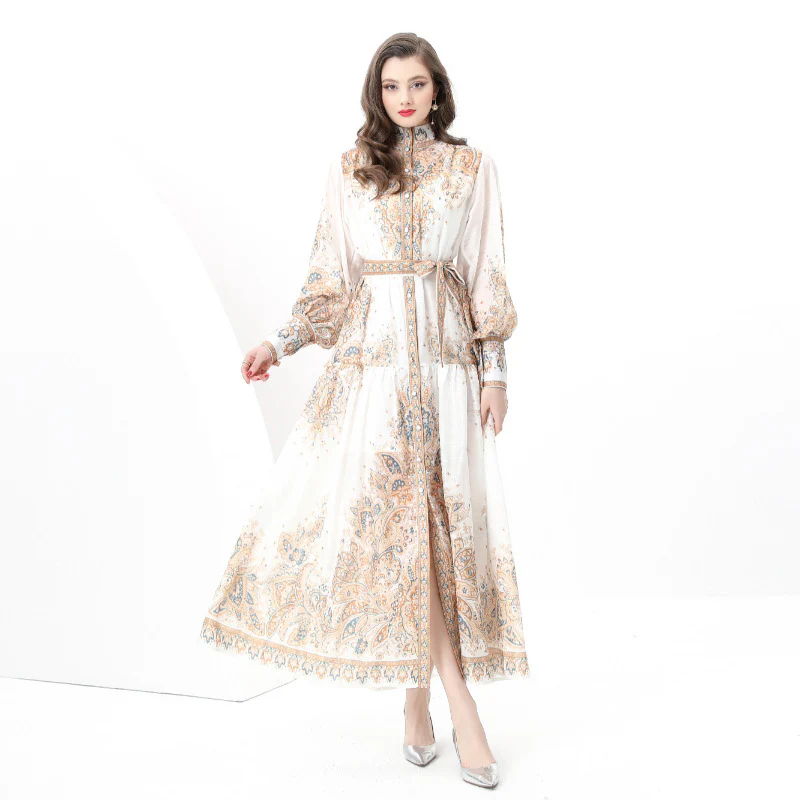 Court style high-end stand-up collar printed dress women's spring strap single-breasted design chic and beautiful long skirt - Deanwangkt