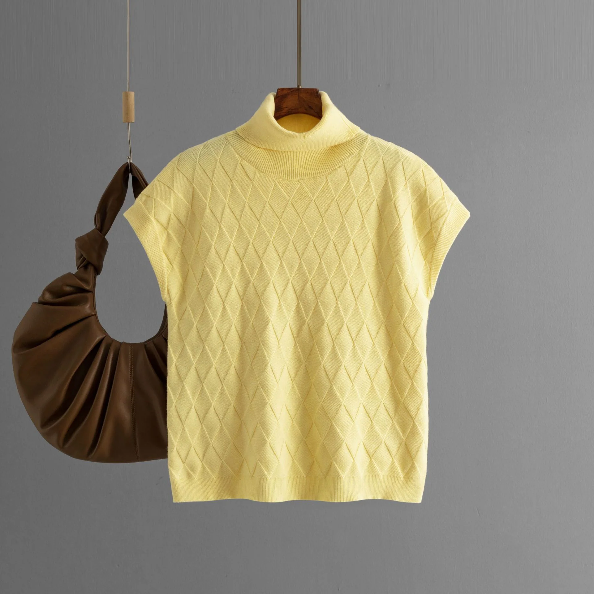 DEANWANGKT New autumn new turtleneck sleeveless knitted plaid sweater women's loose casual fashion thin top bottoming shirt - Deanwangkt