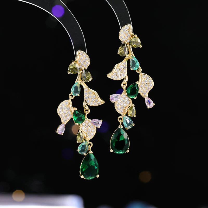 2025 fashion geometric water drop zircon leaf earrings women's s925 silver needle niche high-end banquet dress earrings - Deanwangkt