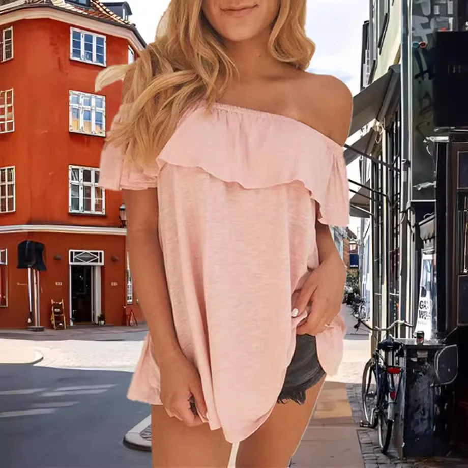 deanwangkt European and American Hot Girl off-Shoulder Top in Stock Women's Bottoming Shirt Summer  Ruffled Short Sleeve Solid Color Loose T-shirt - Deanwangkt