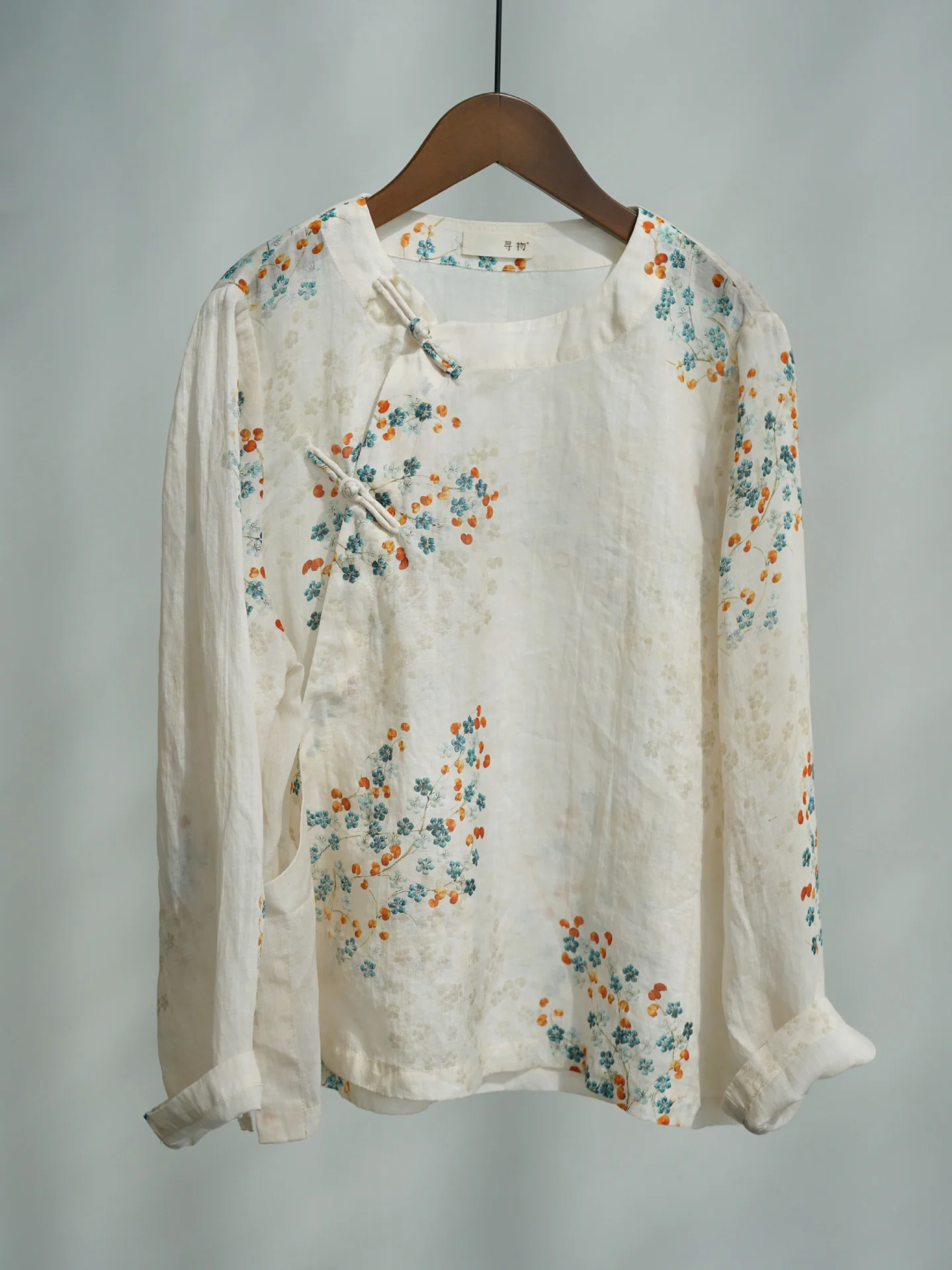 Original light Chinese digital printing ramie shirt, retro literary button-up top S25057 - Deanwangkt