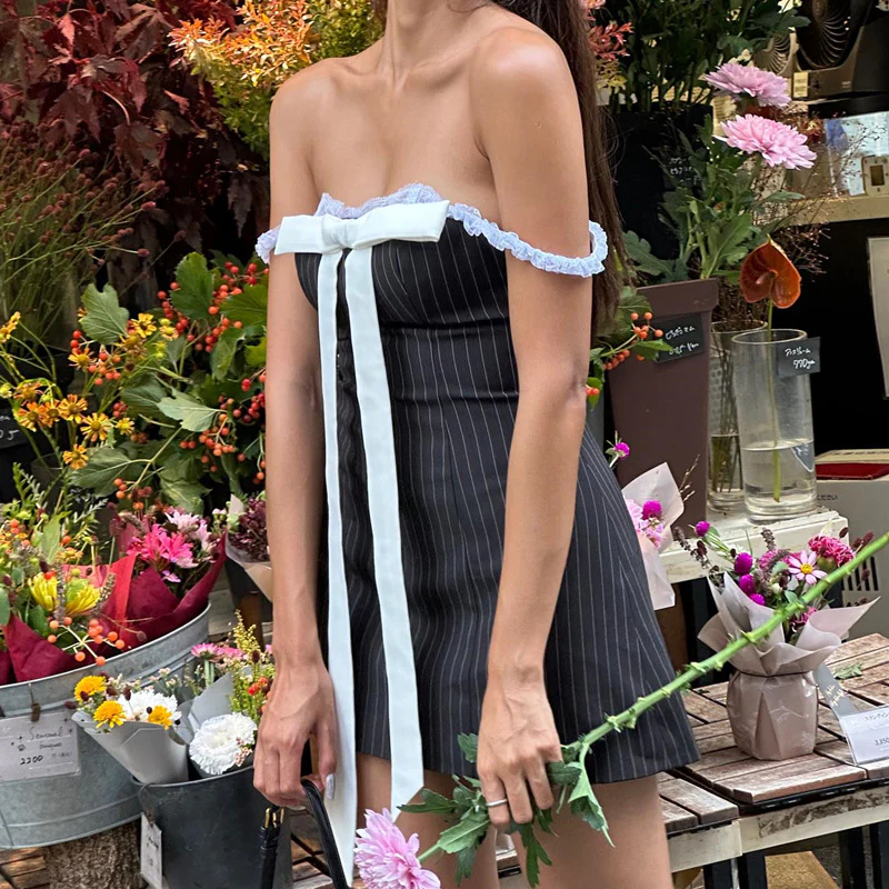 Europe and America Cross Border 2023 Summer Hot Sexy Pure Bow Self-Tie Lace Lace Tube Top Women's Clothing Dress - Deanwangkt