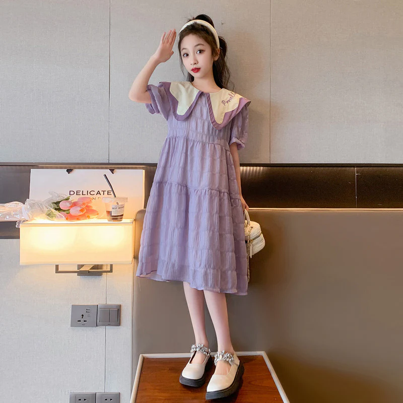 Girls' Summer Dress  New Summer Dress Medium and Big Children Korean Style Western Style Doll Collar Graceful Princess Dress - Deanwangkt