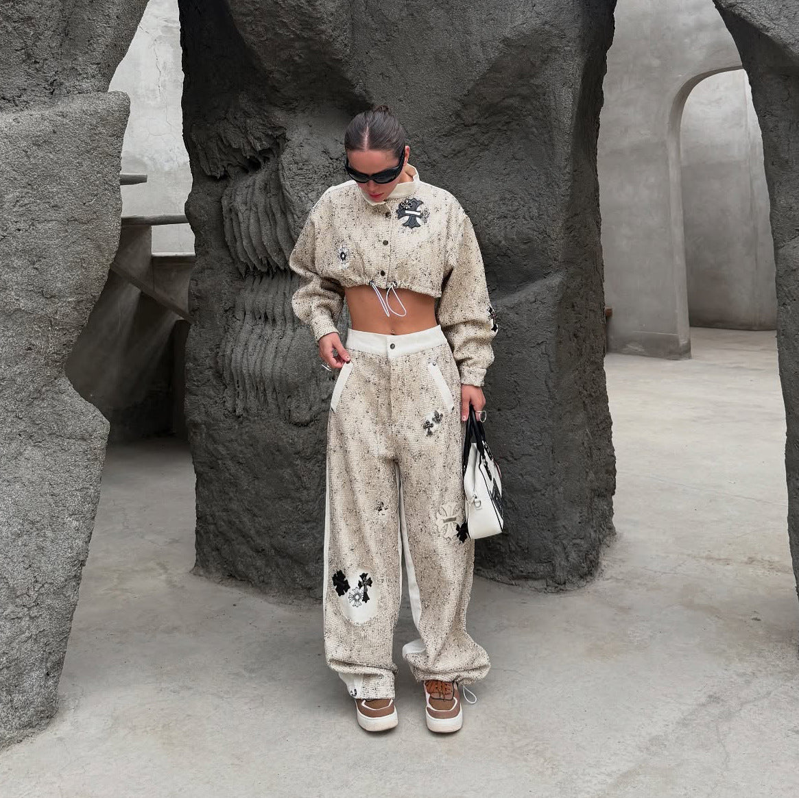 n design linen sweatpants set lace turtleneck drawstring open button long sleeve jacket loose straight trousers - Deanwangkt