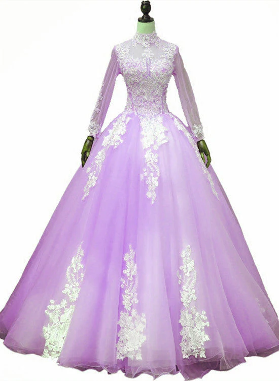 Solvbao Light Purple Tulle Long Sleeves Applique Sweet 16 Gown, Beautiful Evening Dress Formal Dress - Deanwangkt