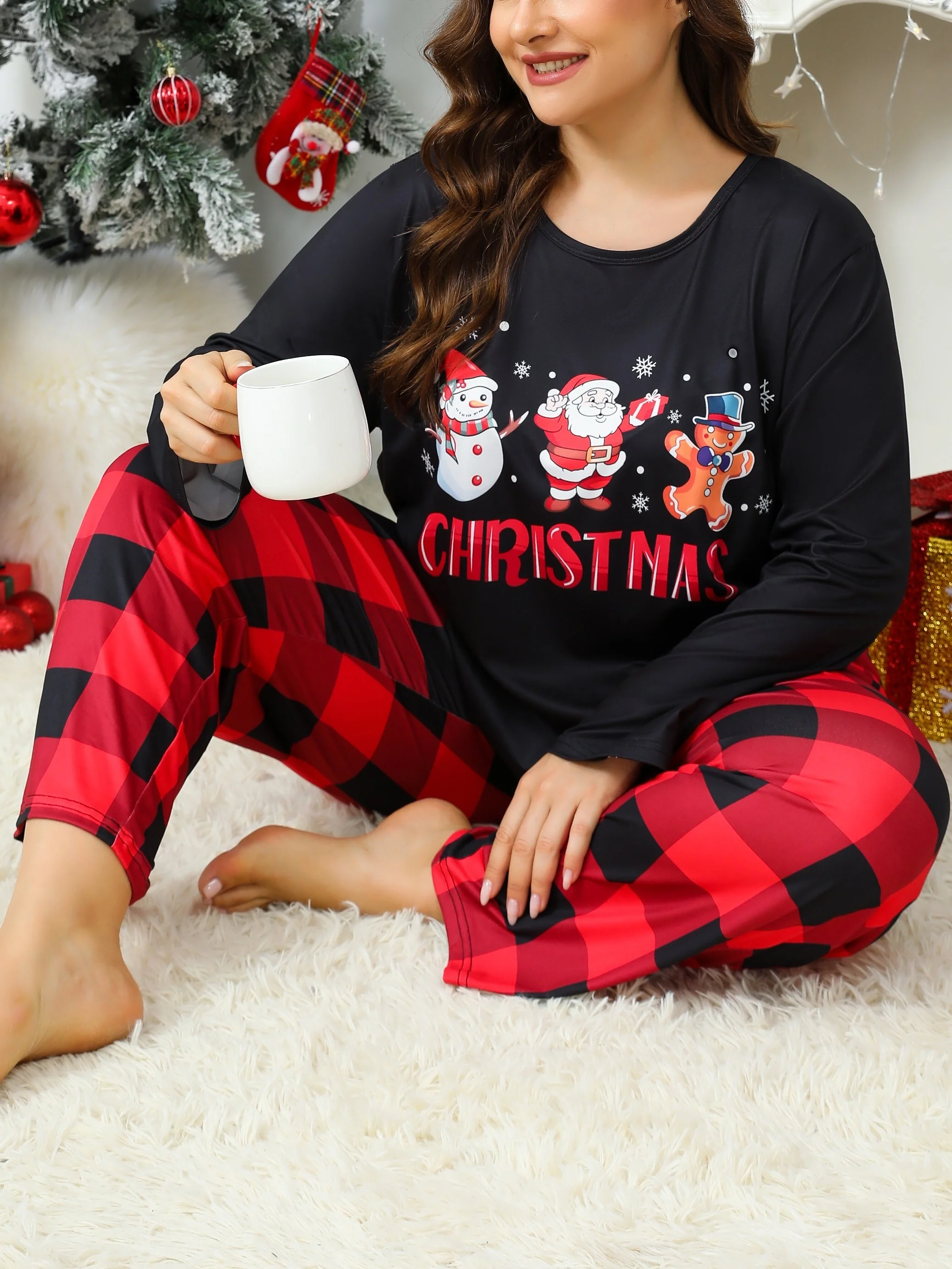 Plus Size Christmas Pajama Set, Long Sleeve Plaid Pants, Santa Gingerbread Print, Casual Polyester Knit Sleepwear, Adult Cozy Loungewear for Women - Deanwangkt