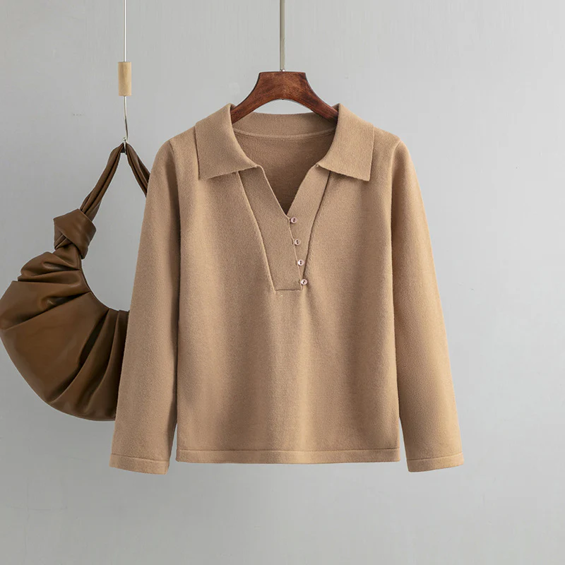 DEANWANGKT Autumn and winter women's knitted sweater women's sweater loose bottoming shirt lazy style design sense niche POLO collar top long sleeve - Deanwangkt
