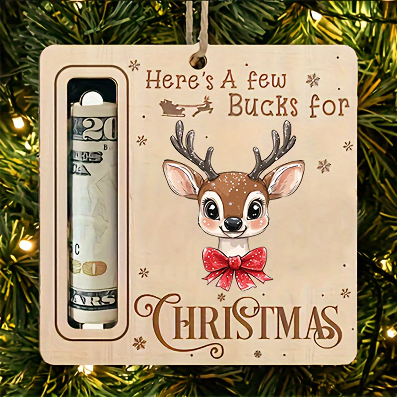 Christmas Tree Money Holder Ornament - Wooden Festive Tree Accessory with Santa, Reindeer Design - Hanging Christmas Decor with Cash Slot for Holiday Gifts - No Electricity or Feathers Required - Deanwangkt