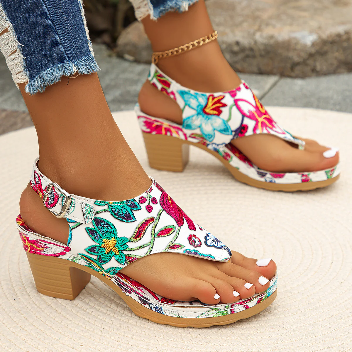 DEANWANGK  Cross-Border Sandals Flip-Flops European and American plus Size  Summer Flower Embroidered Chunky Heel Ankle-Strap Flip-Flops Women's High Heels - Deanwangkt