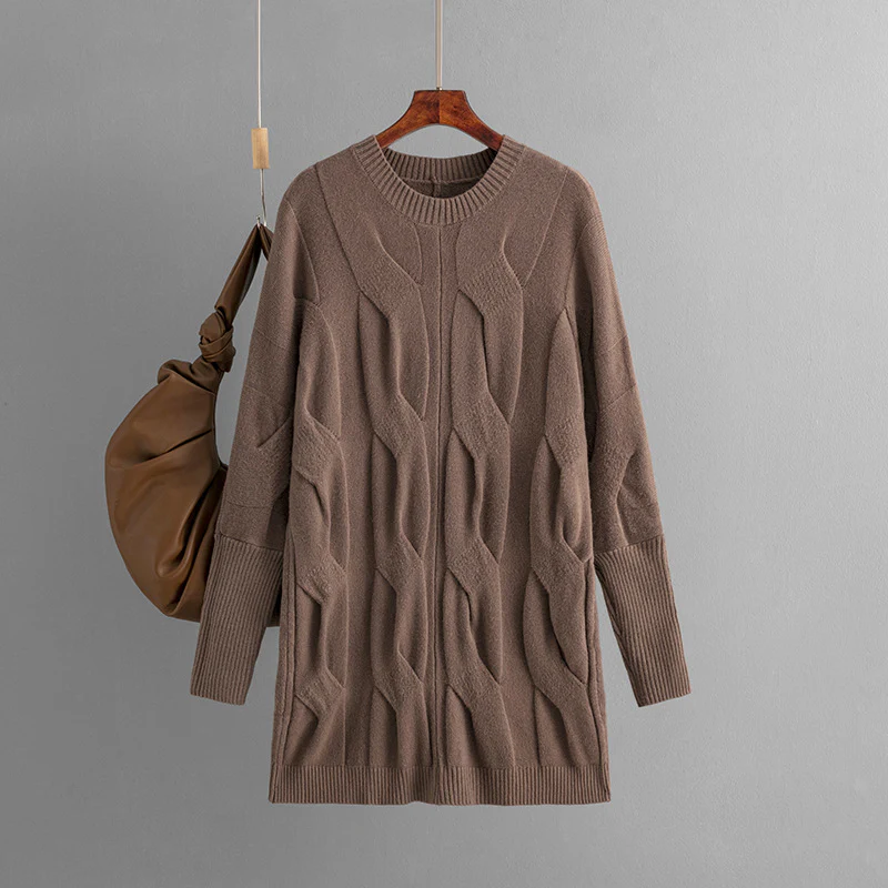 DEANWANGKT Pullover knitted sweater  autumn and winter new loose casual versatile crew neck twisted sweater medium and long bottoming shirt - Deanwangkt