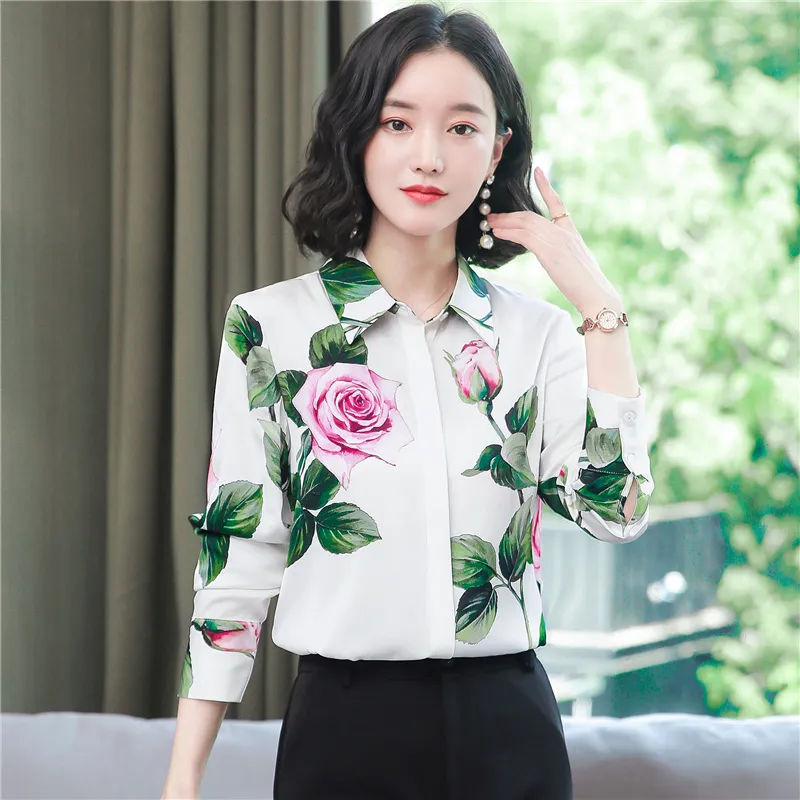 Printed Women Designer Lapel Shirts Silk Black Long Sleeve Elegant Fit Shirt Office Ladies Button Front Casual Satin Blouses Spring Fall Chic Slim Runway Tops - Deanwangkt