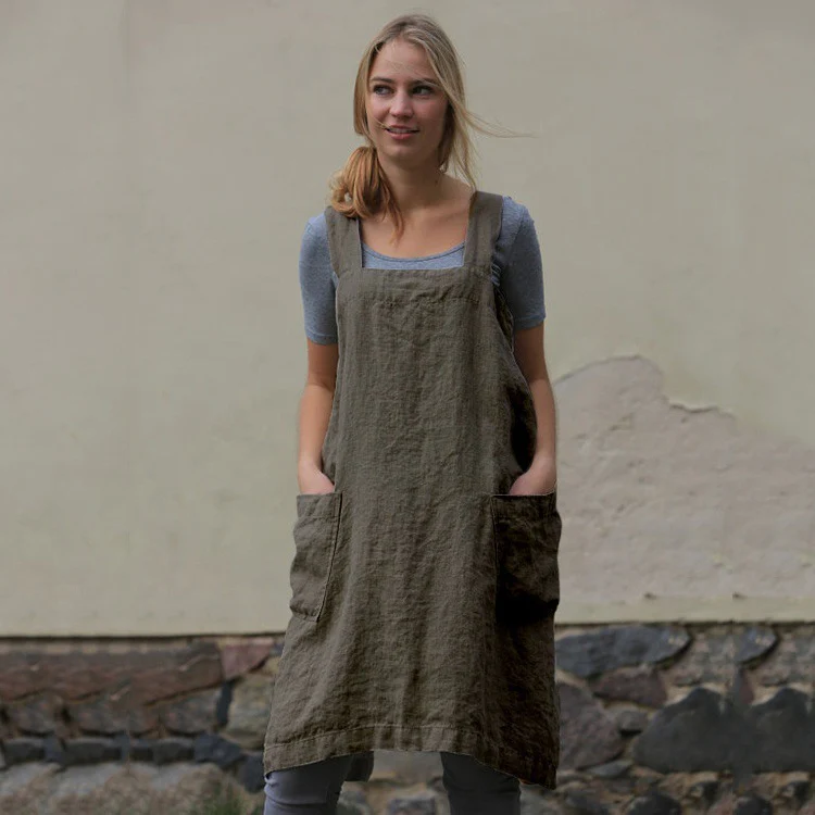 DEANWANGKT Cross-Border Supply EBay Women's Cotton Linen Apron Long Circumference Home Wear Loose Long Dress - Deanwangkt