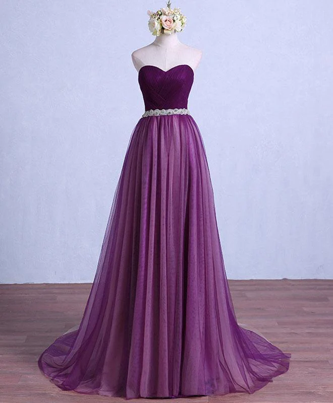 Solvbao Purple Tulle Sweetheart Long Wedding Party Dress with Belt, Purple Prom Dress Bridesmaid Dress - Deanwangkt