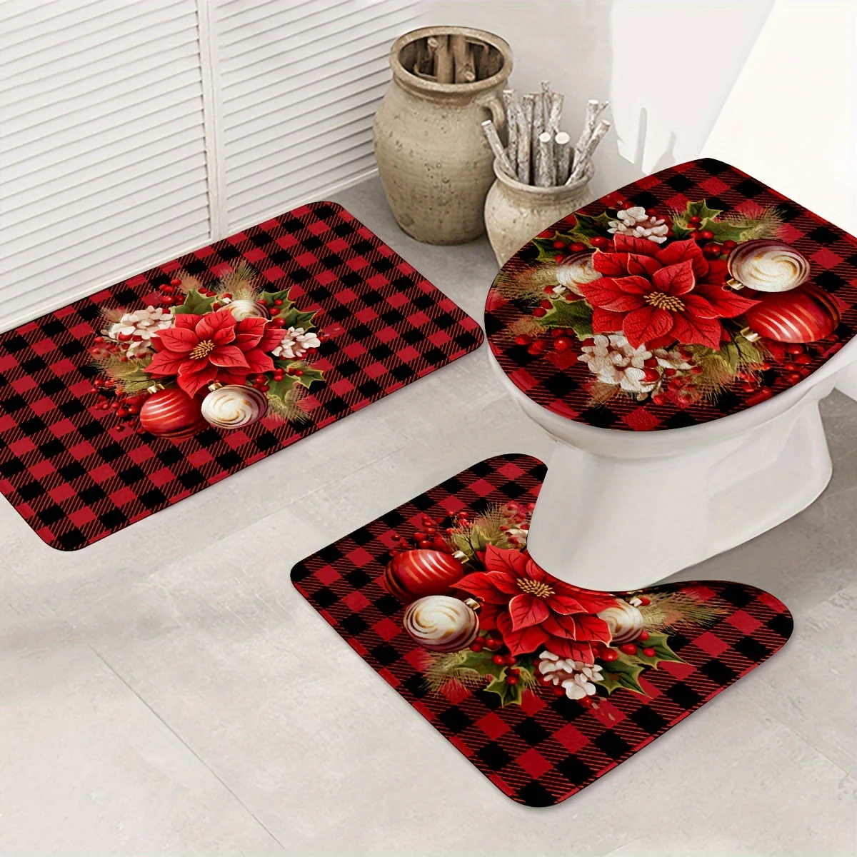Christmas Cheer 3pcs Bathroom Rug Set - Non-Slip, Washable Mats for Kitchen & Bedroom Decor - Includes Bath Mat, Contour Mat & Toilet Lid Cover, for Christmas - Deanwangkt
