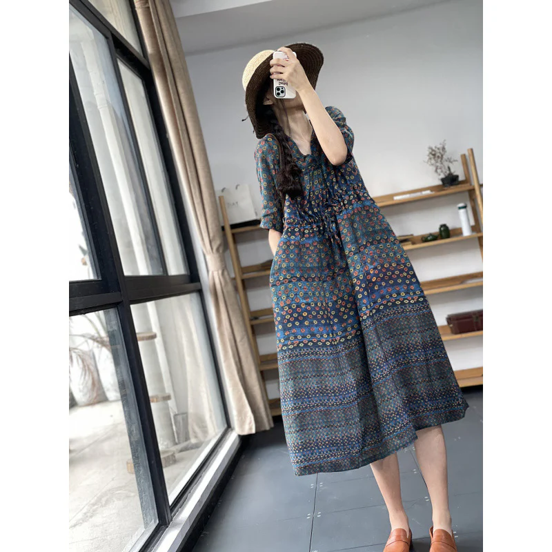 Summer new V-neck waist strap-up slim loose retro printing casual light cotton and linen short-sleeved dress women - Deanwangkt