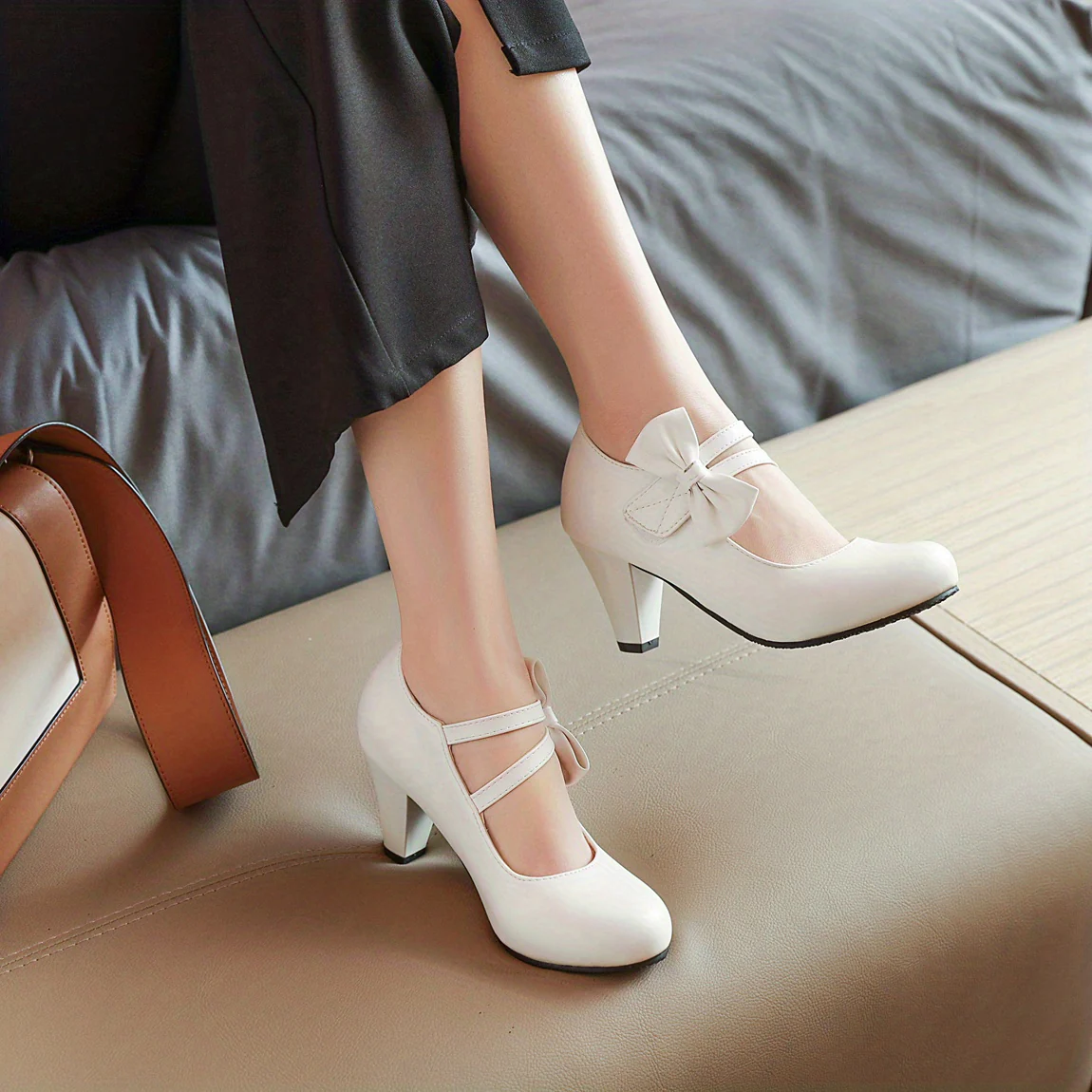 deanwangkt  Chic Kitten Heels with Round Toe & Bowknot Ankle Strap - Comfortable PU Leather Pumps for Work & Fashionable Dance - Elegant Women's Dress Shoes - Deanwangkt