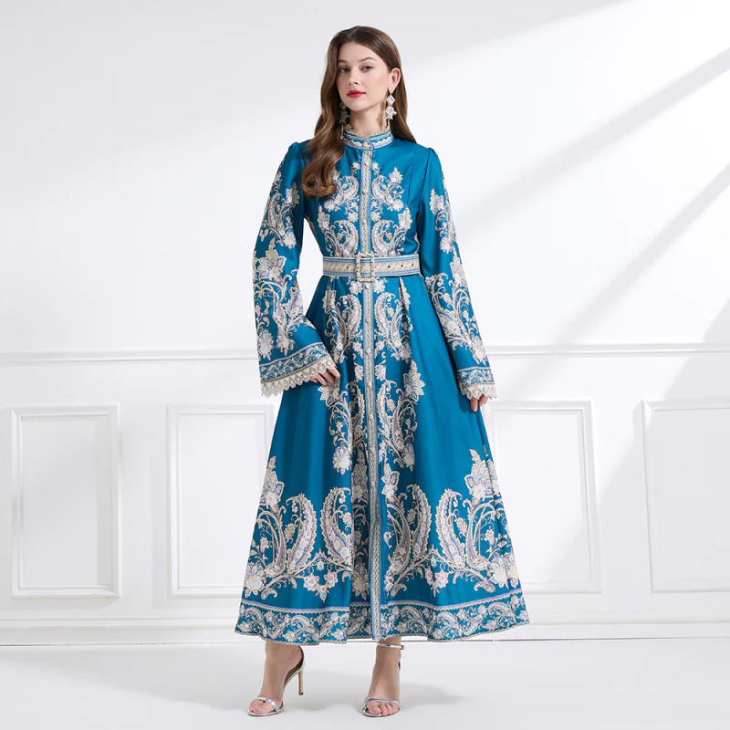 Retro temperament long sleeves flared sleeves round neck positioning printing waist thin single-breasted dress elegant long skirt - Deanwangkt