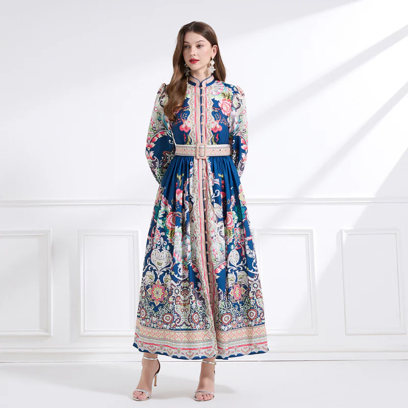 New Popular trade women's clothing  court style stand-up collar retro printed lantern sleeve ruffle edge long dress - Deanwangkt