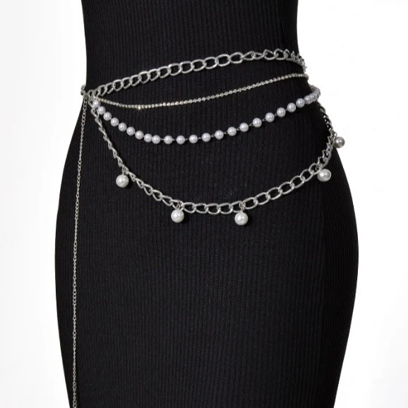 2025  3234 hot-selling new diamond chain pearl chain metal chain side pendulum chain multi-layer combination fashionable versatile waist chain body chain - Deanwangkt