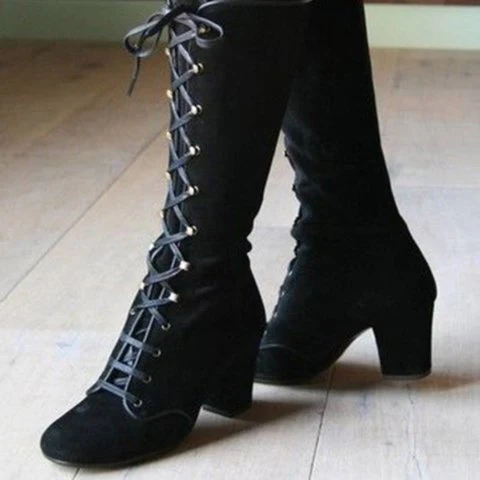 Tall Knight Boots Fashion Suede Lace-up Autumn and Winter round Head Chunky Heel Wish  High Boots, Female - Deanwangkt