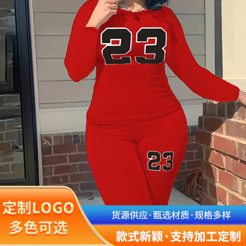 DEANWANGKT  Cross Border Women's  plus Size Women's Sports Long-Sleeved T-shirt Skinny Pants Fashion Casual Two-Piece Suit - Deanwangkt