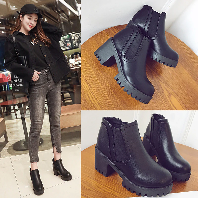 Size 41 Autumn and Winter British Martin Boots Low-Cut Chunky Heel High Heel Women's Ankle Boots round Toe Waterproof Platform Elastic Ankle Boots Wholesale - Deanwangkt